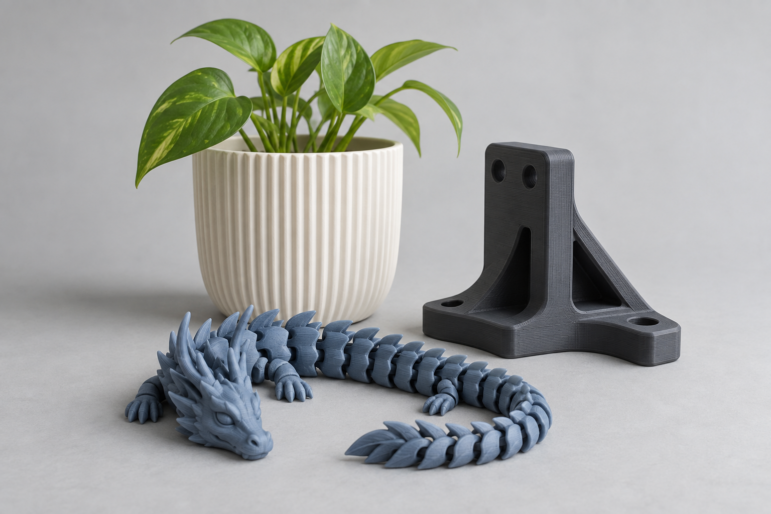 Illustrative 3D printed planter, functional bracket, and articulated dragon